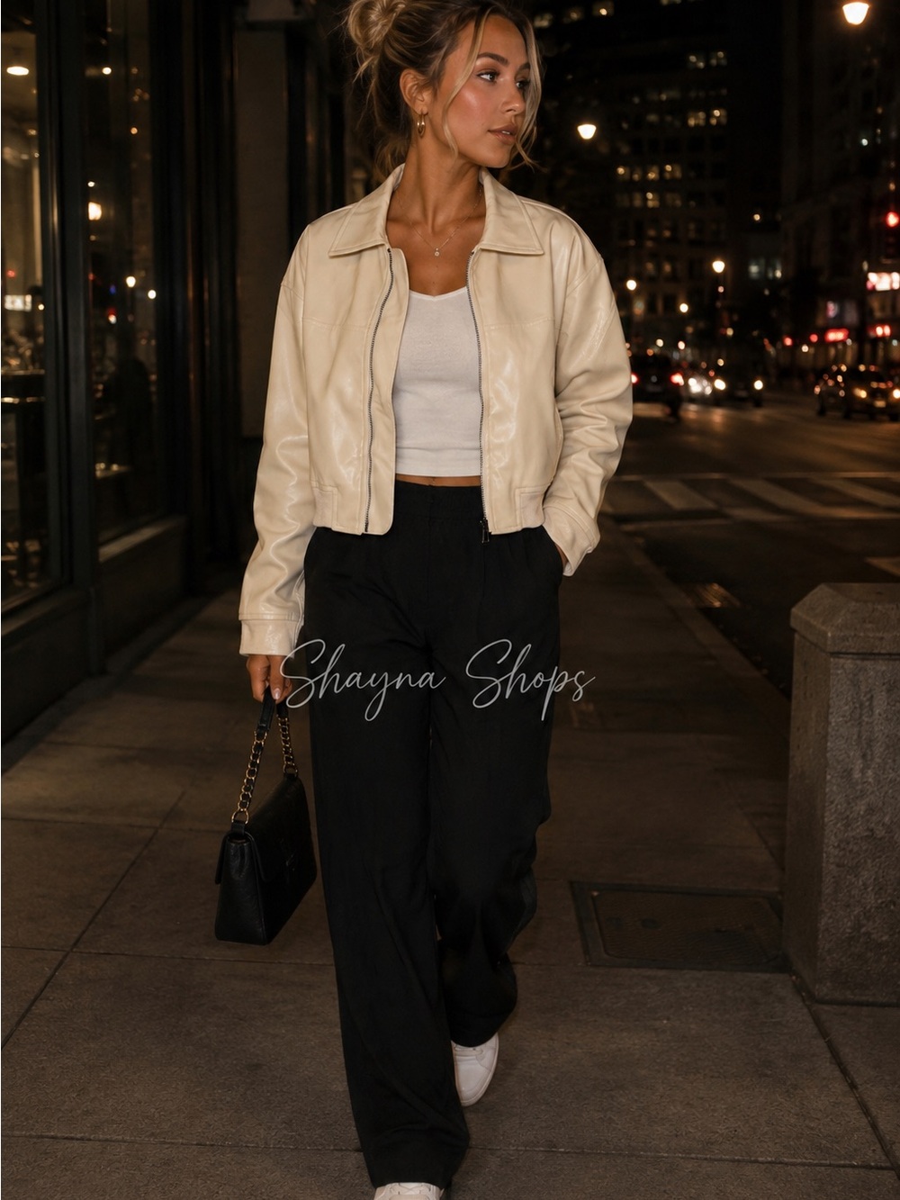 Idem Ditto Cream Faux Leather Cropped Bomber Jacket - Picture 3 of 11